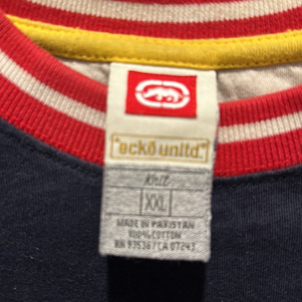 Vintage Marc Ecko Unlimtd Navy Blue/White Knit T-Shirt y2k Mens 2XL Good condit. - Picture 4 of 5